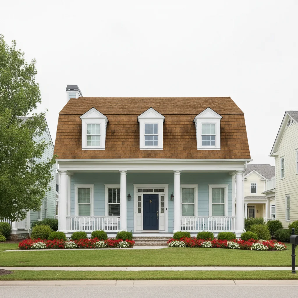 Same colonial house with warm brown architectural shingles applied for HOA color approval
