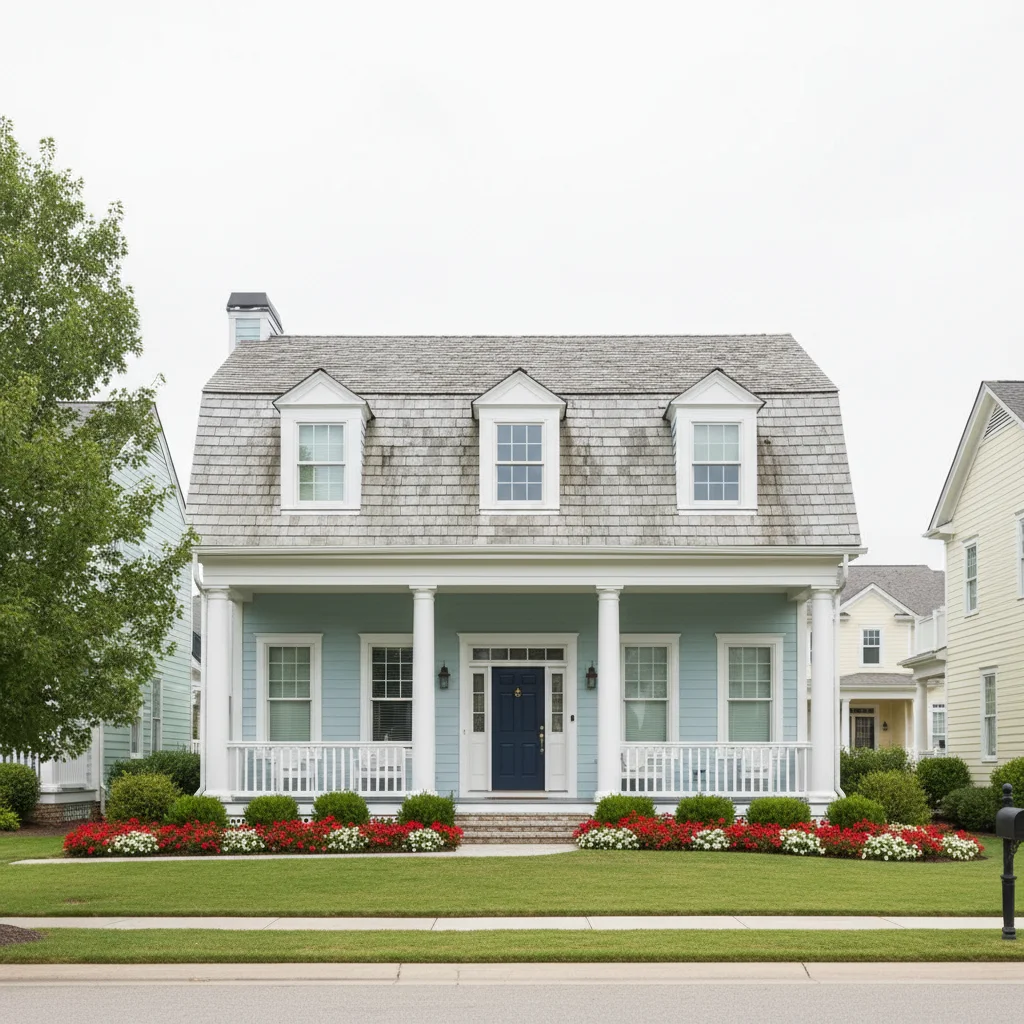 Colonial house in planned community with faded gray shingle roof