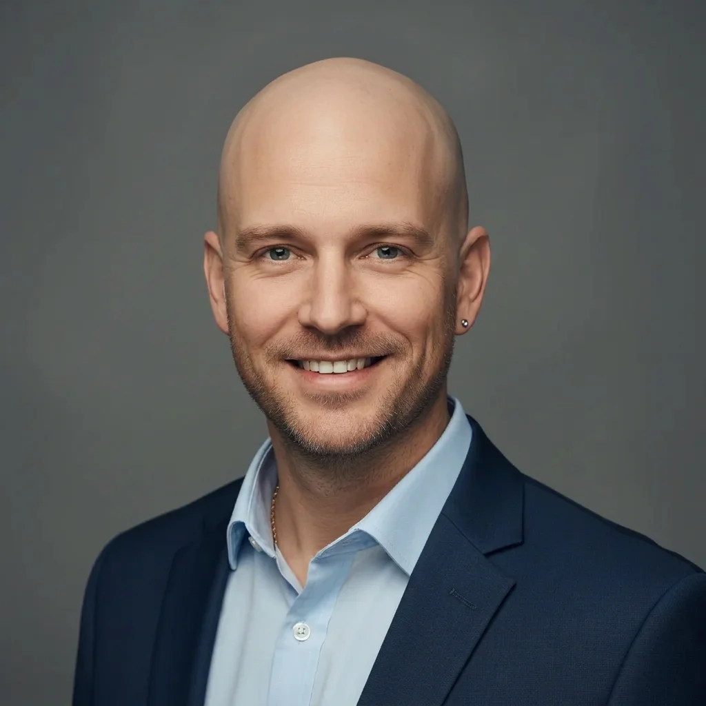 Same man now completely bald in the same headshot