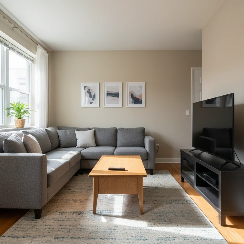 Normal living room with grey couch and TV