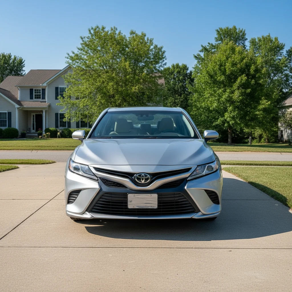 Clean silver car parked in driveway before April Fools edit
