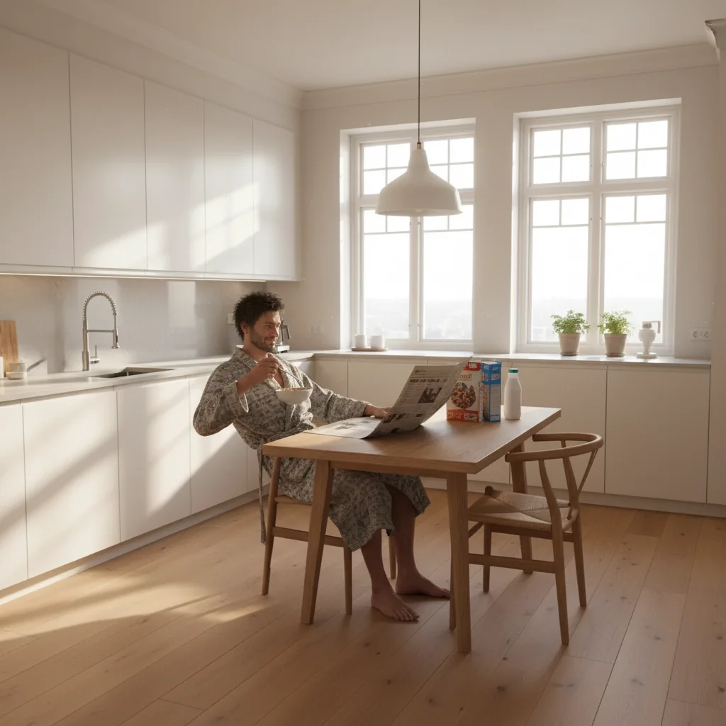 Kitchen with AI-added stranger eating cereal at the table