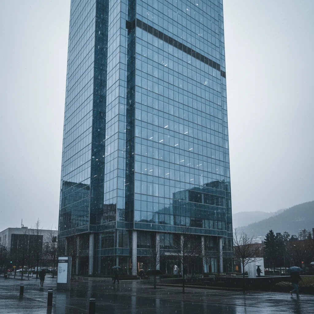 Office building plaza crowded with pedestrians