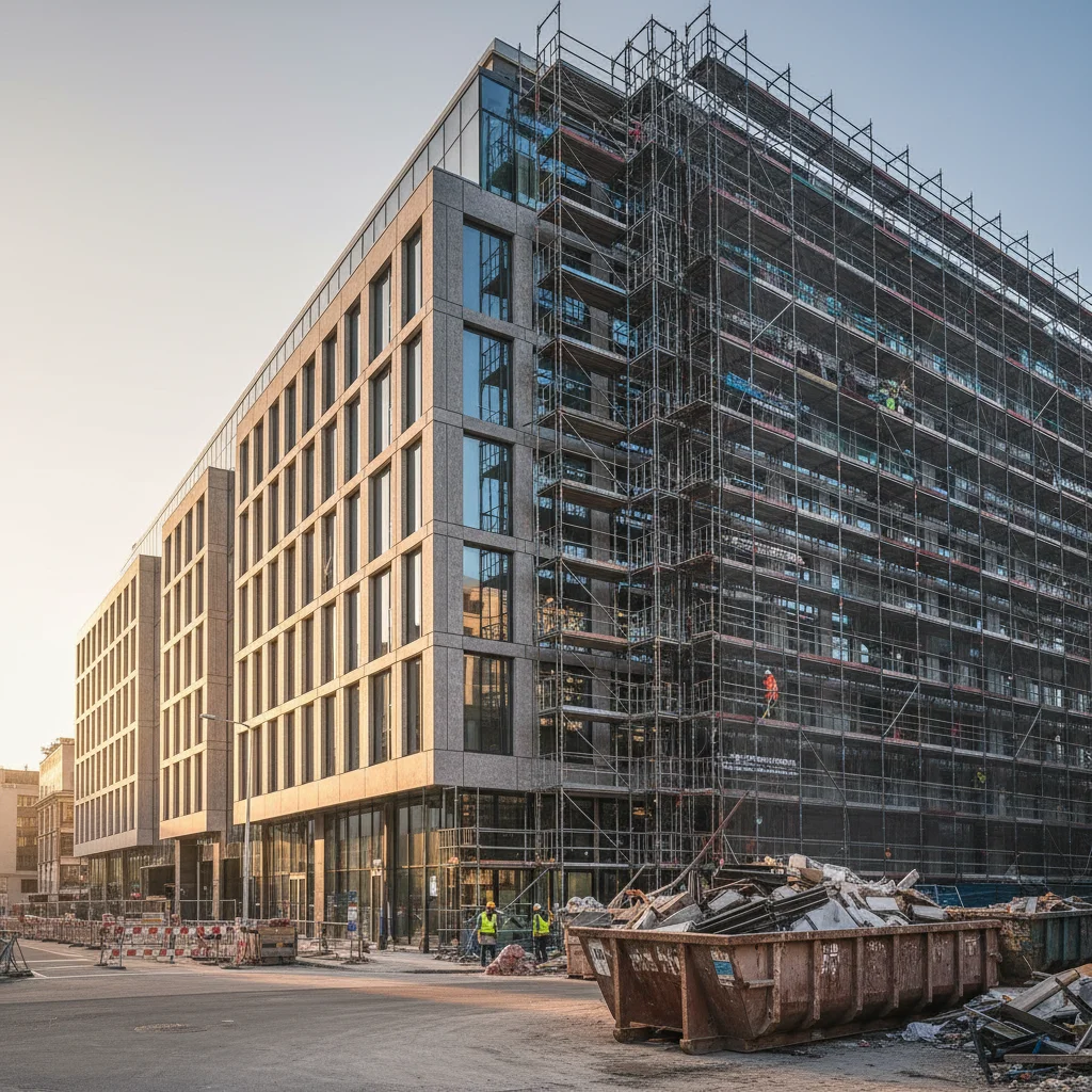 Historic building with cars parked along street