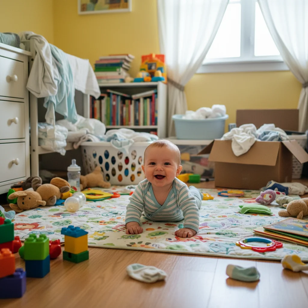 Baby on play mat with scattered toys and clutter behind
