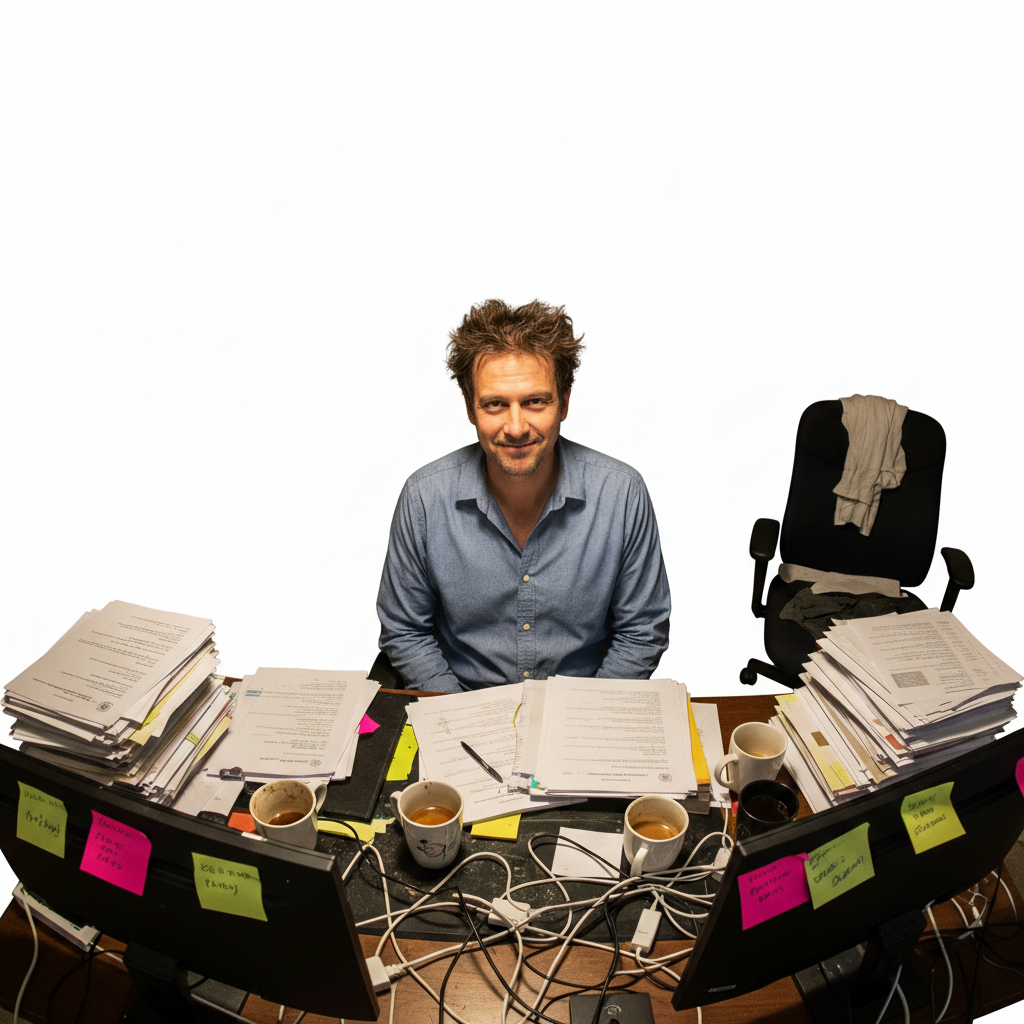 Same man with clean white studio background—all clutter replaced