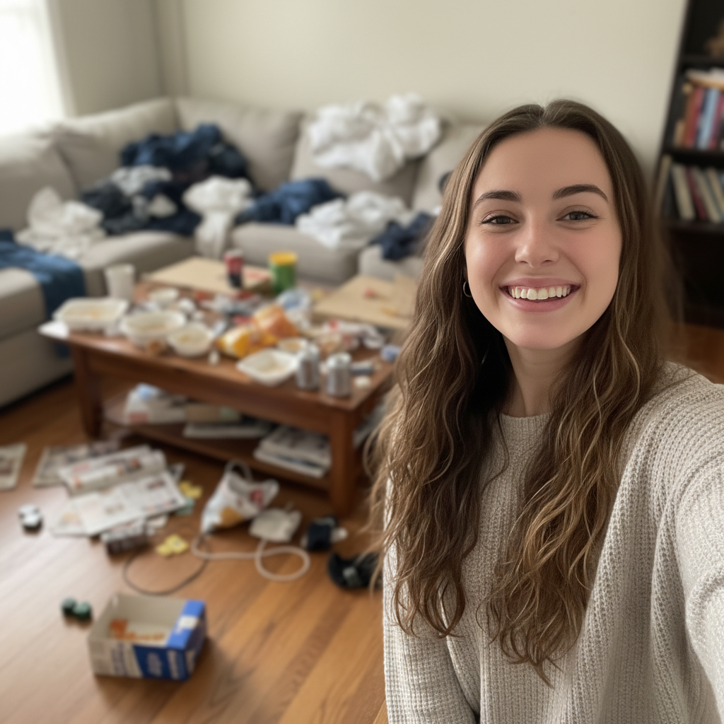 Same woman with background blurred—couch and mess unrecognizable soft blur