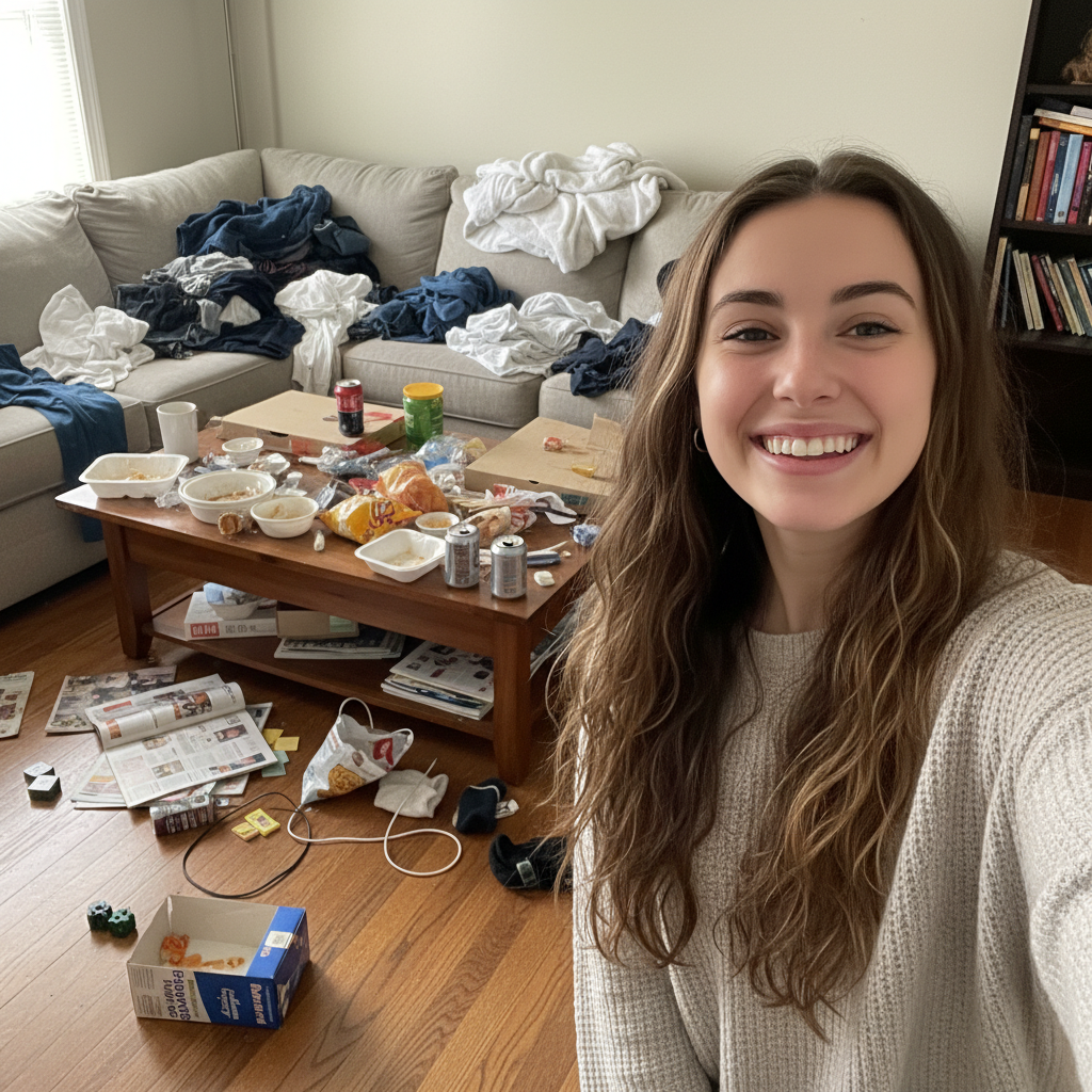 Smiling woman with messy couch and living room clutter visible behind her