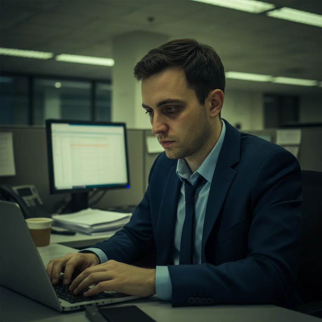 Office portrait with harsh fluorescent lighting and greenish skin tones