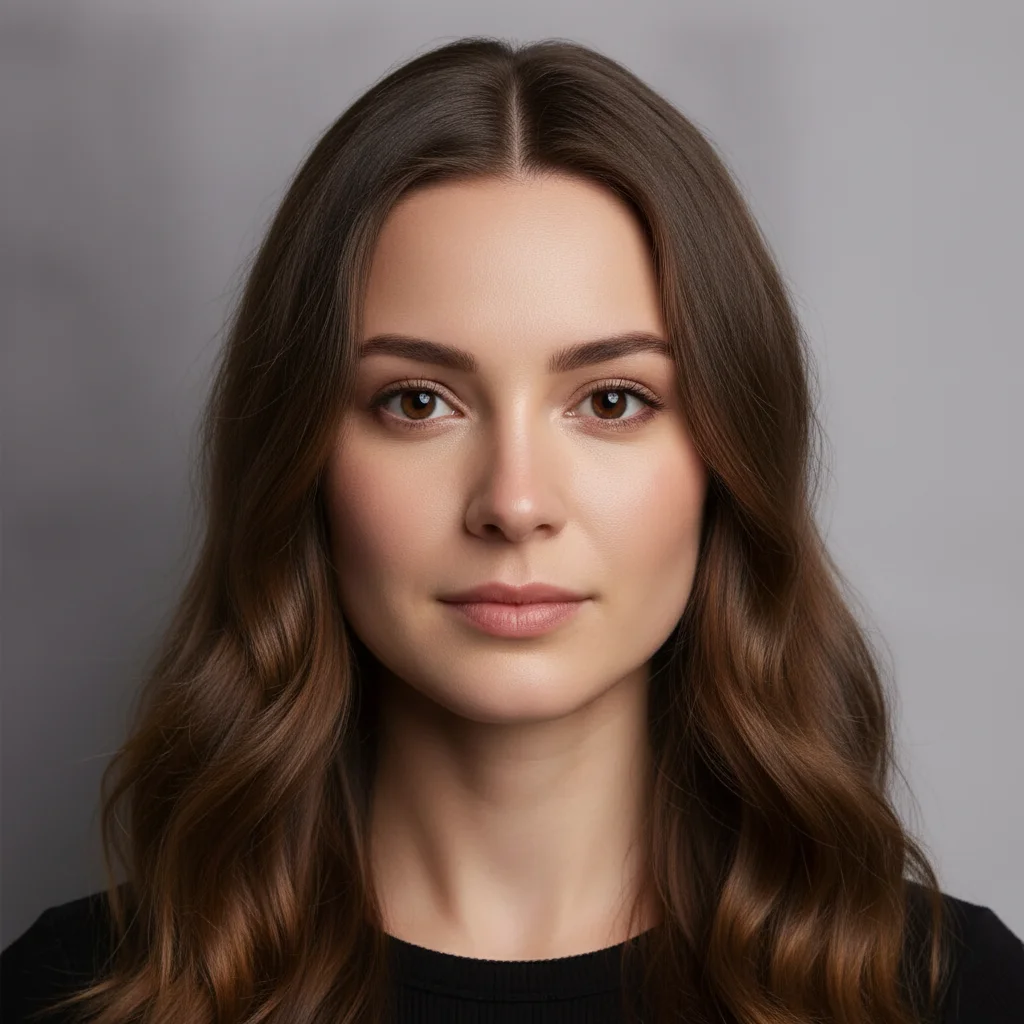 One new portrait blending both women — the first woman's eyes and brows with the second's wave, softer jaw and fuller mouth