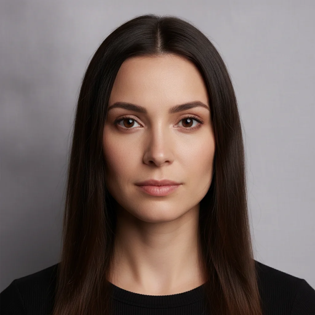 Studio portrait of a woman with straight dark hair and a narrow face