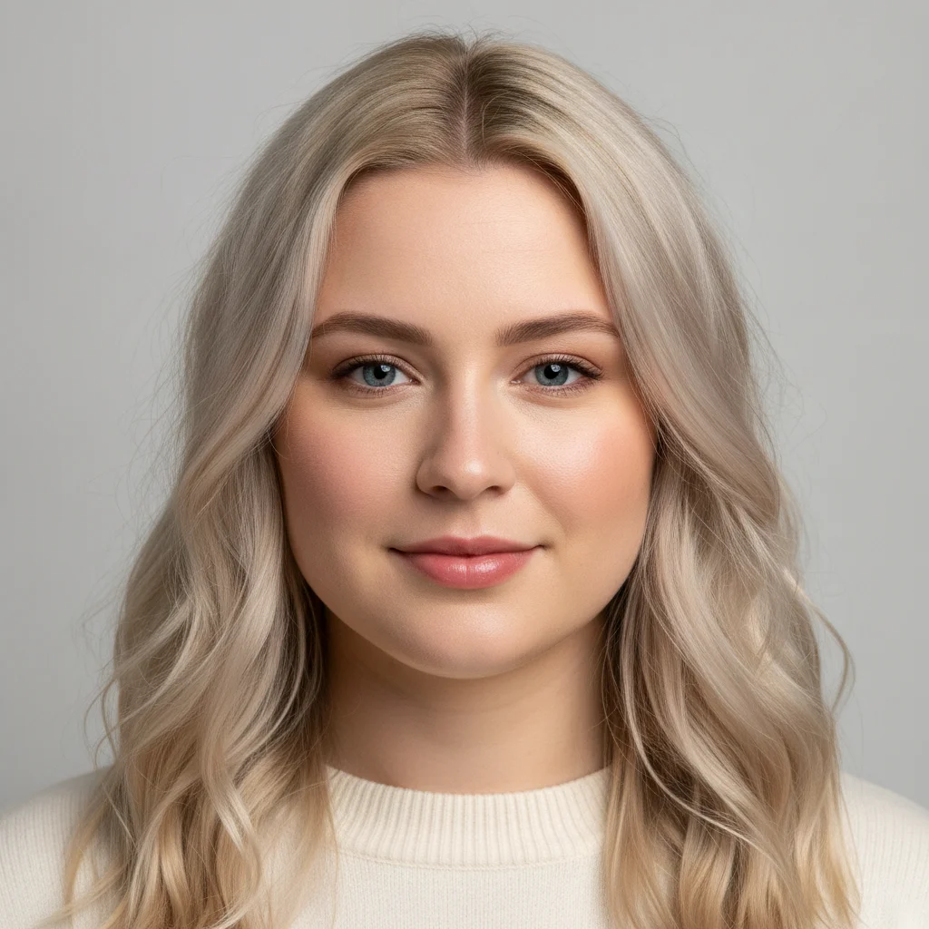 Studio portrait of a second woman with wavy fair hair and a rounder face