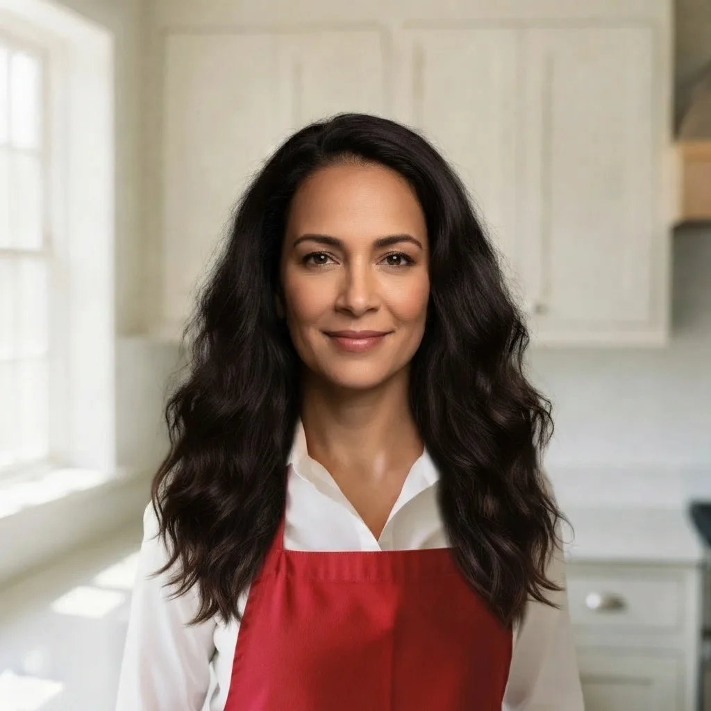 The same kitchen photo with the second woman's whole head and long dark hair on the body, apron and kitchen unchanged