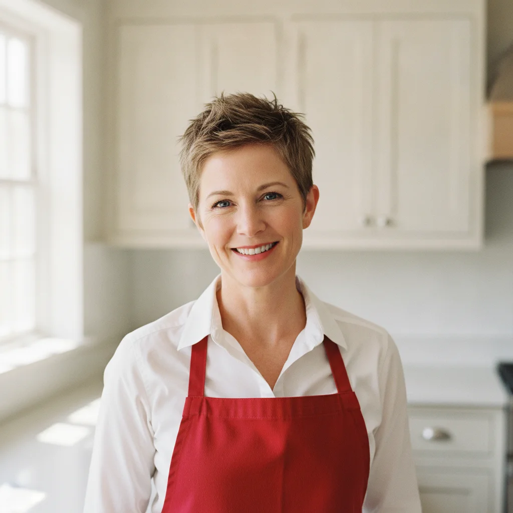 Woman with a short pixie haircut in a red apron, standing in a bright kitchen
