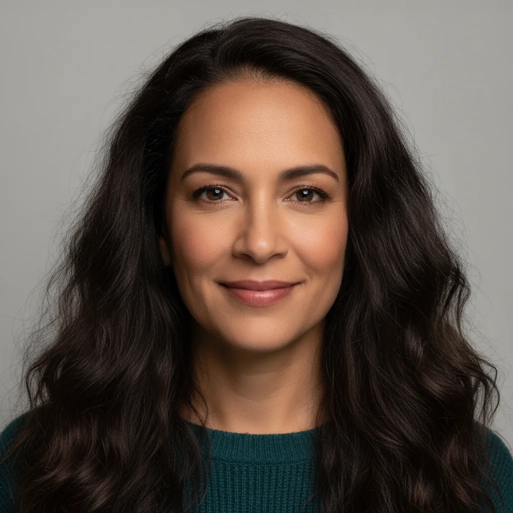 Portrait of a different woman with long dark wavy hair against a plain grey background