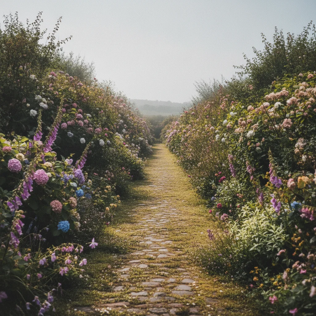 The same path in bright sunny light with saturated flowers, crisp foliage detail and restored contrast
