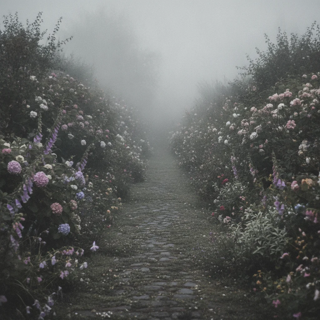 Cottage garden path in dense grey fog, colours washed almost to grey and every edge soft