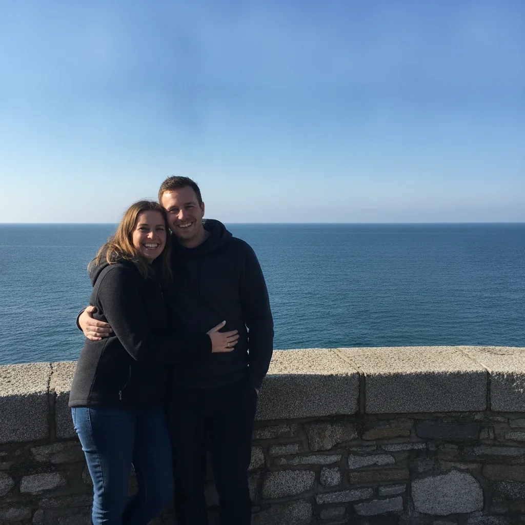 The same photo with the stranger removed and the sea, horizon and wall filled in behind him