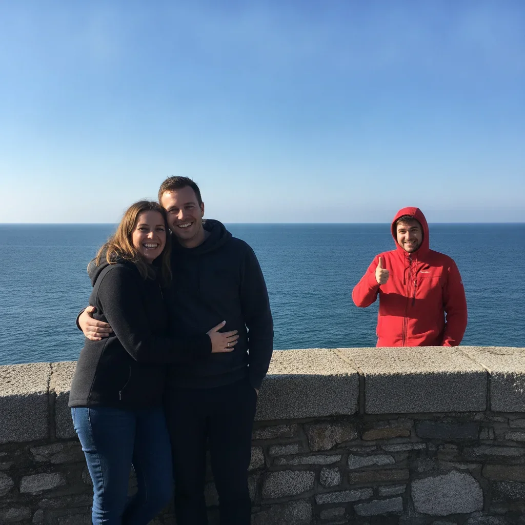 Couple on a stone harbour wall by the sea with a stranger in a red jacket standing in frame to their right