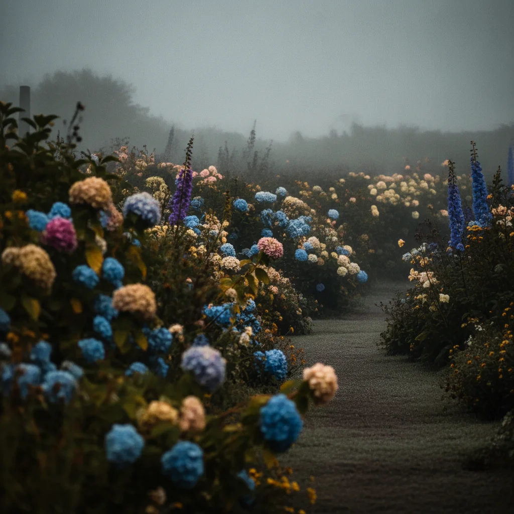 The same garden with the haze cut back, saturated blue and pink blooms and crisp petal detail in the foreground