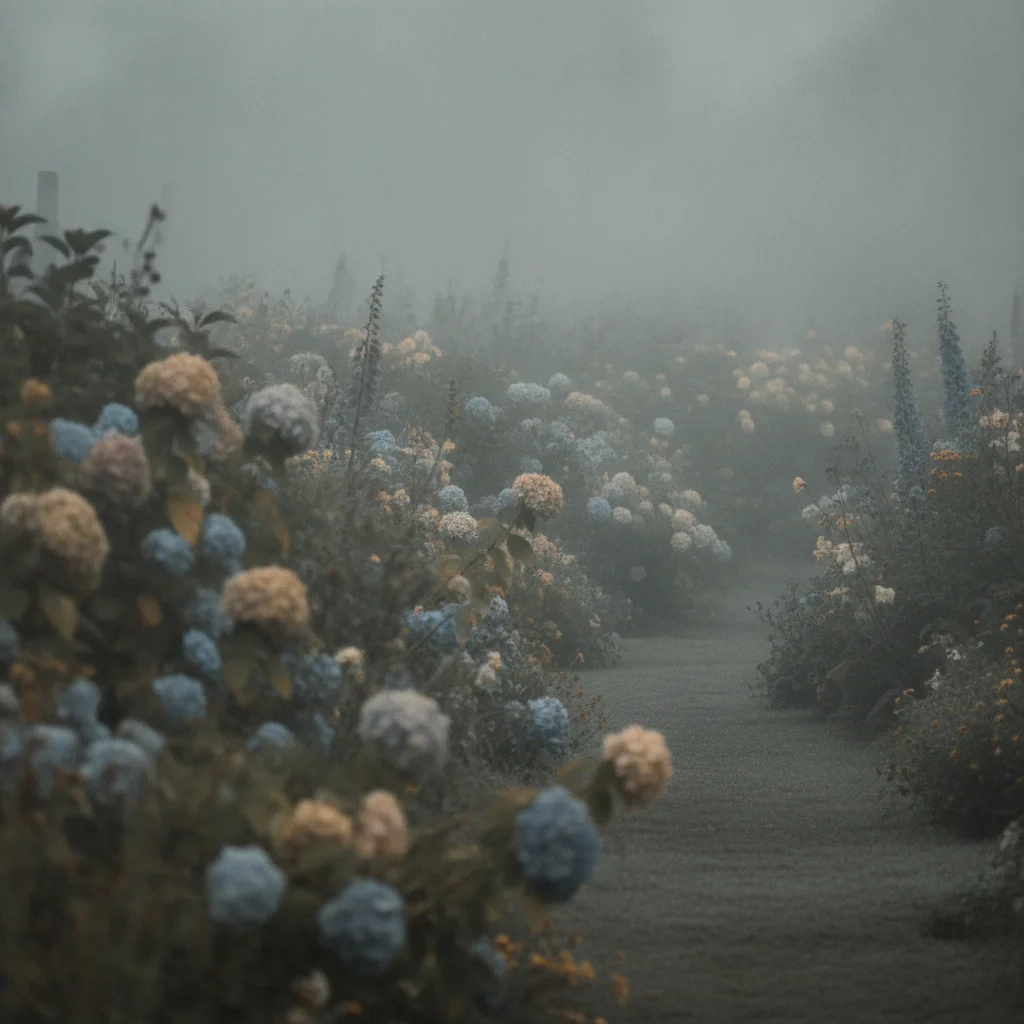 Flower garden photographed through heavy haze, colours washed out and every edge soft