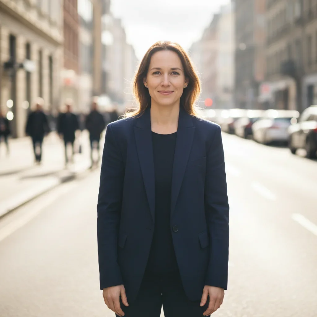 Woman in navy blazer on a city street with a busy urban background and street lighting