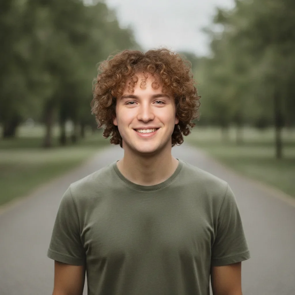 The same park photo with the curly-haired man's whole head on the body, t-shirt and background unchanged