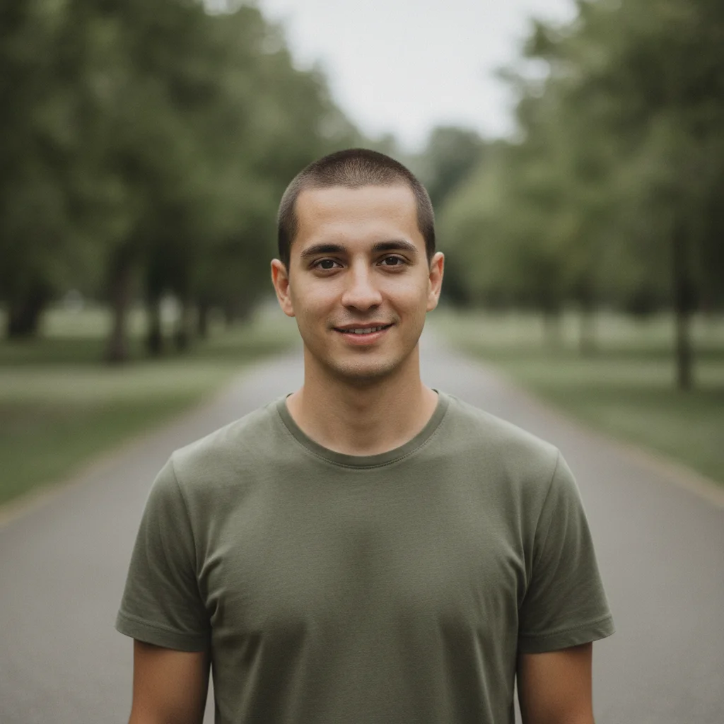 Man with a short buzz cut in an olive t-shirt standing on a park path