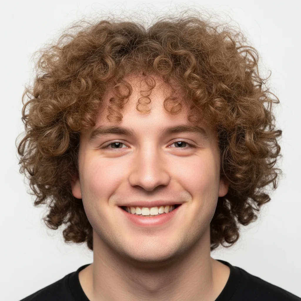 Portrait of a different man with a thick mop of curly light-brown hair