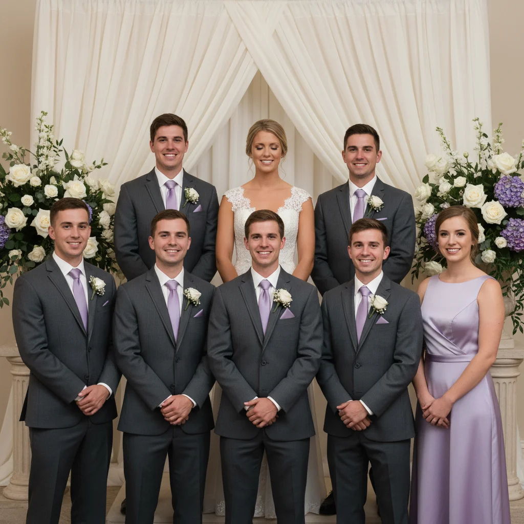 Wedding party photo with bridesmaid in center blinking