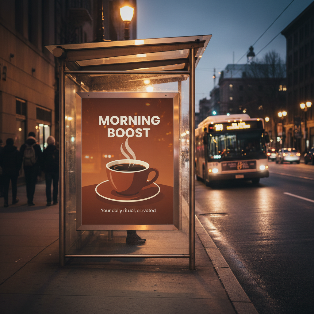 Bus shelter with client ad creative placed on the poster panel, glass reflection visible