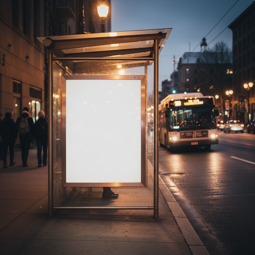 Glass-fronted bus shelter at evening with blank white poster panel inside