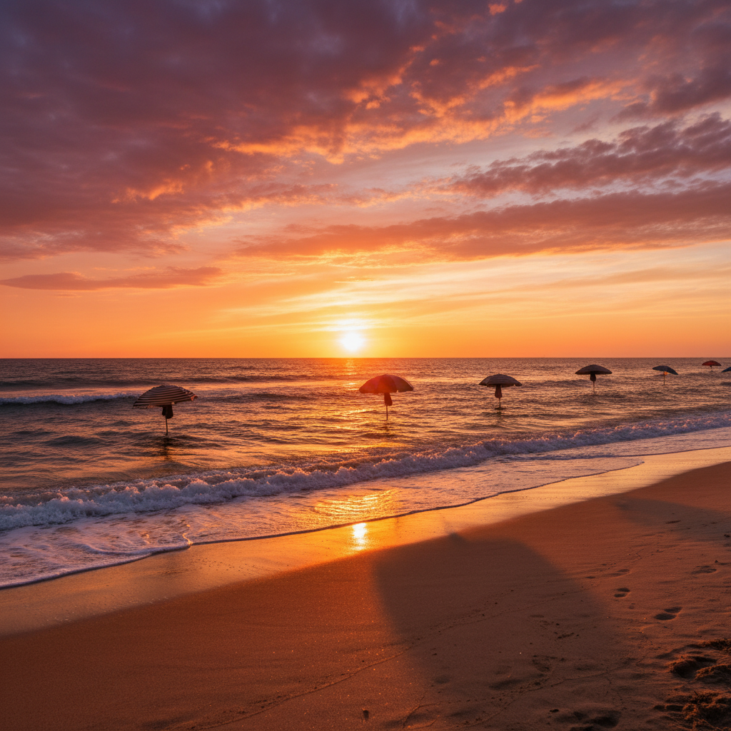 Beach scene with dramatic sunset sky blended in