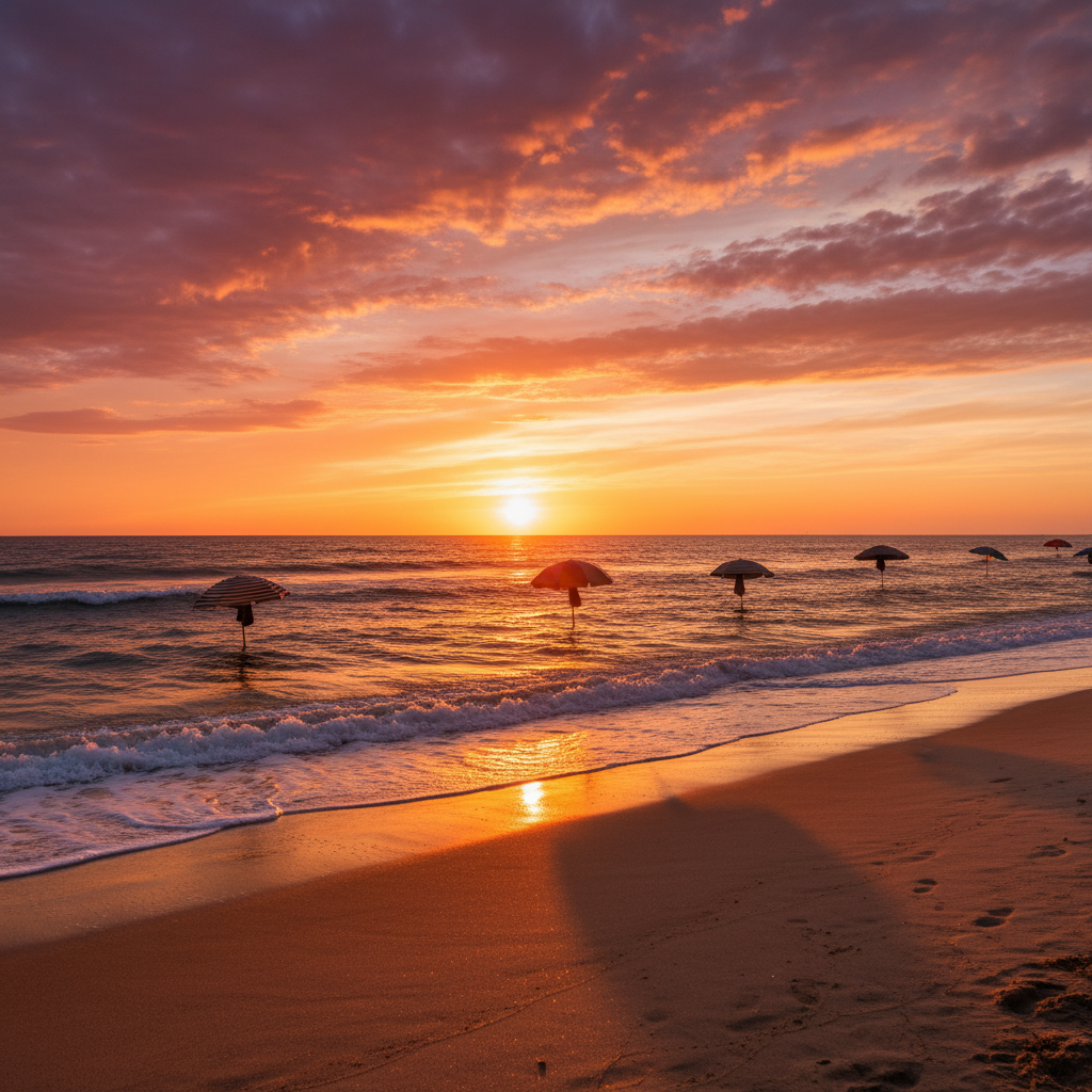 Daytime beach and sunset sky as separate images