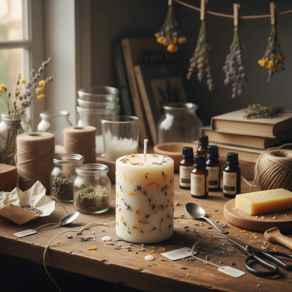 White candle on cluttered desk with messy office behind