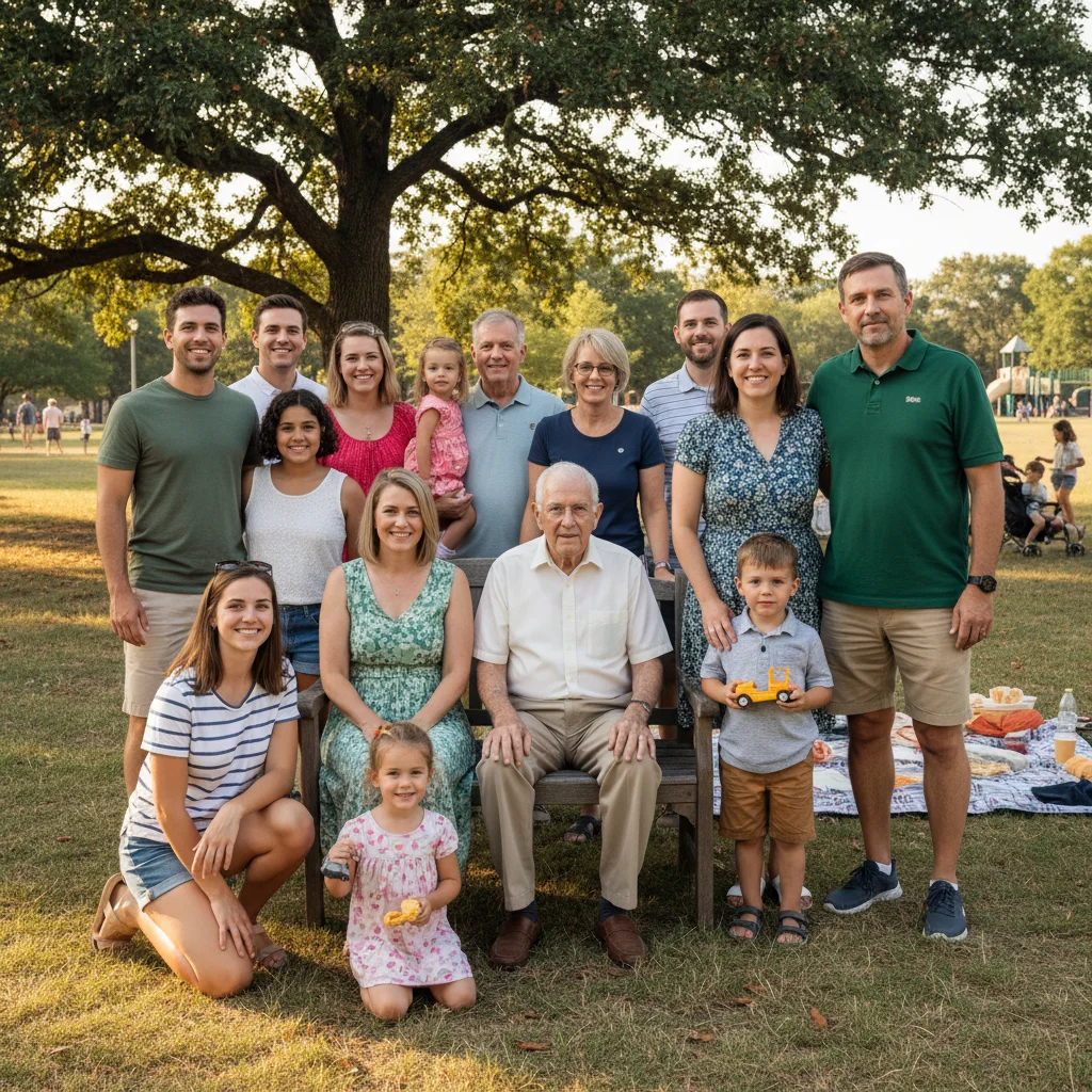 Family group photo with all five faces visible