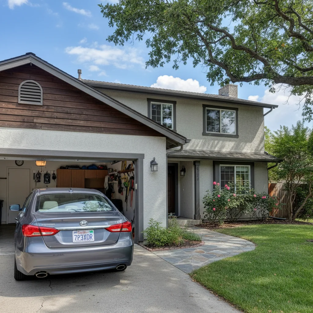 Home exterior with car visible in garage showing license plate