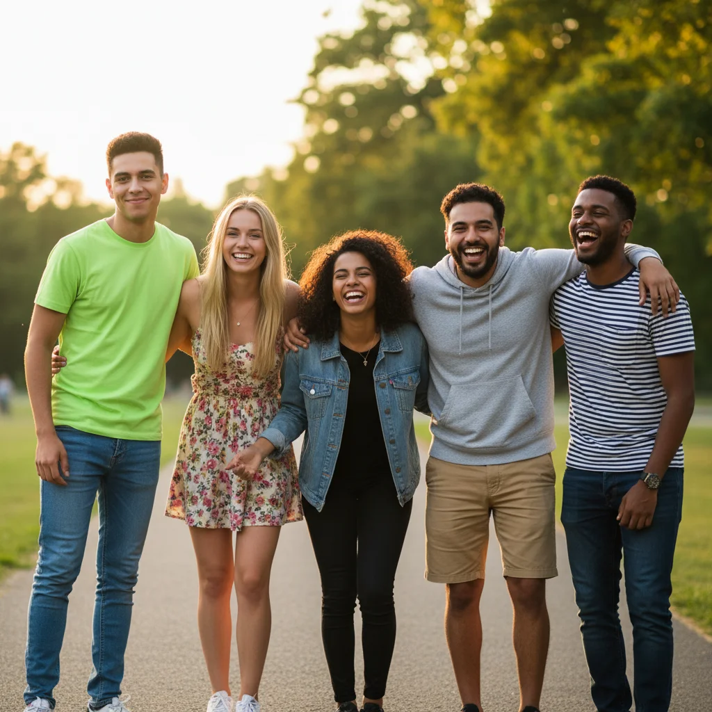 Group of friends with one person in green shirt on left edge