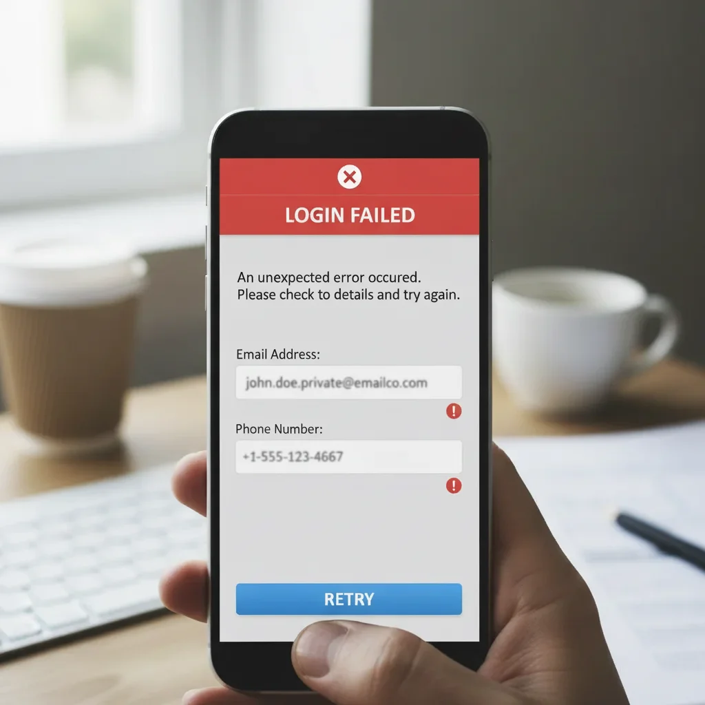Same screenshot with email and phone blurred, error message still readable