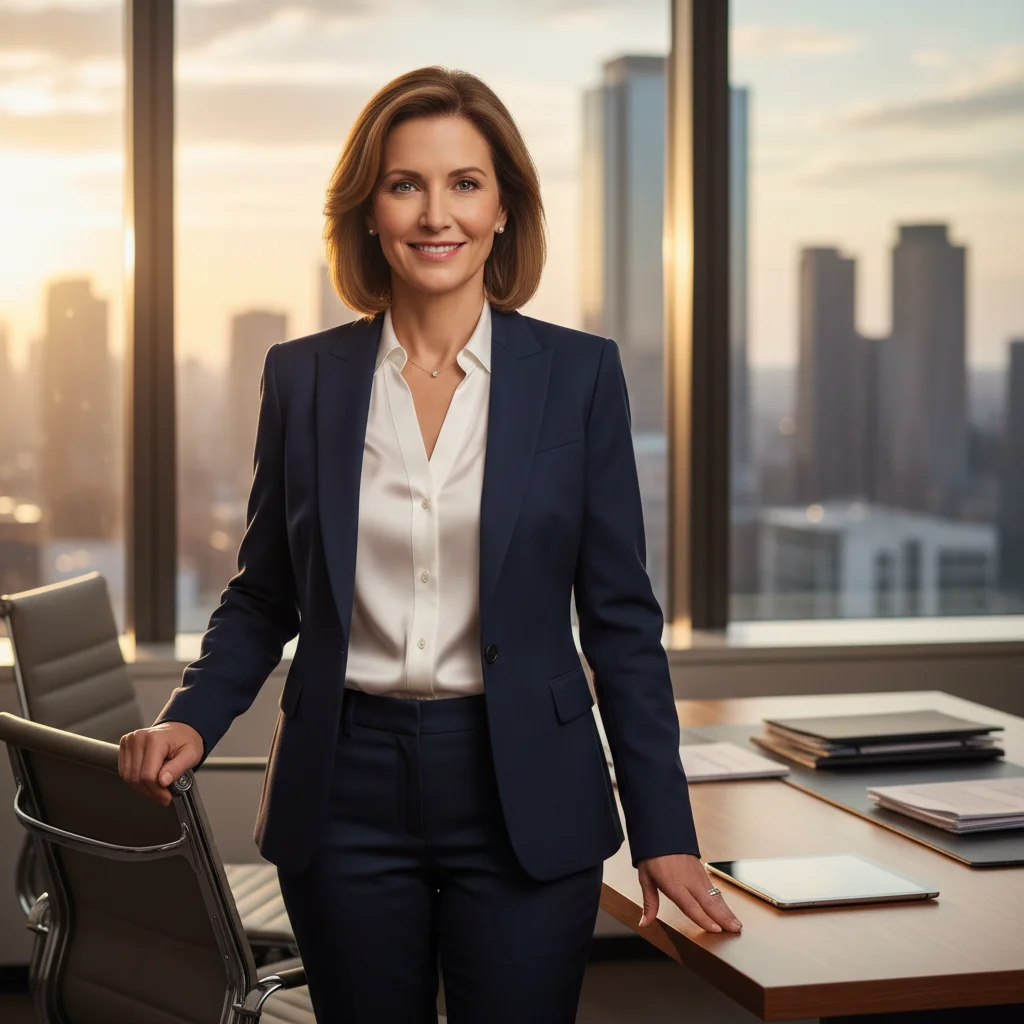 Professional with warm expression, casual office setting too informal for trustee board