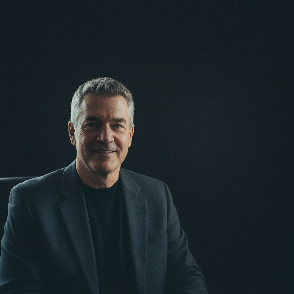 Professional thriller author portrait with dramatic dark background