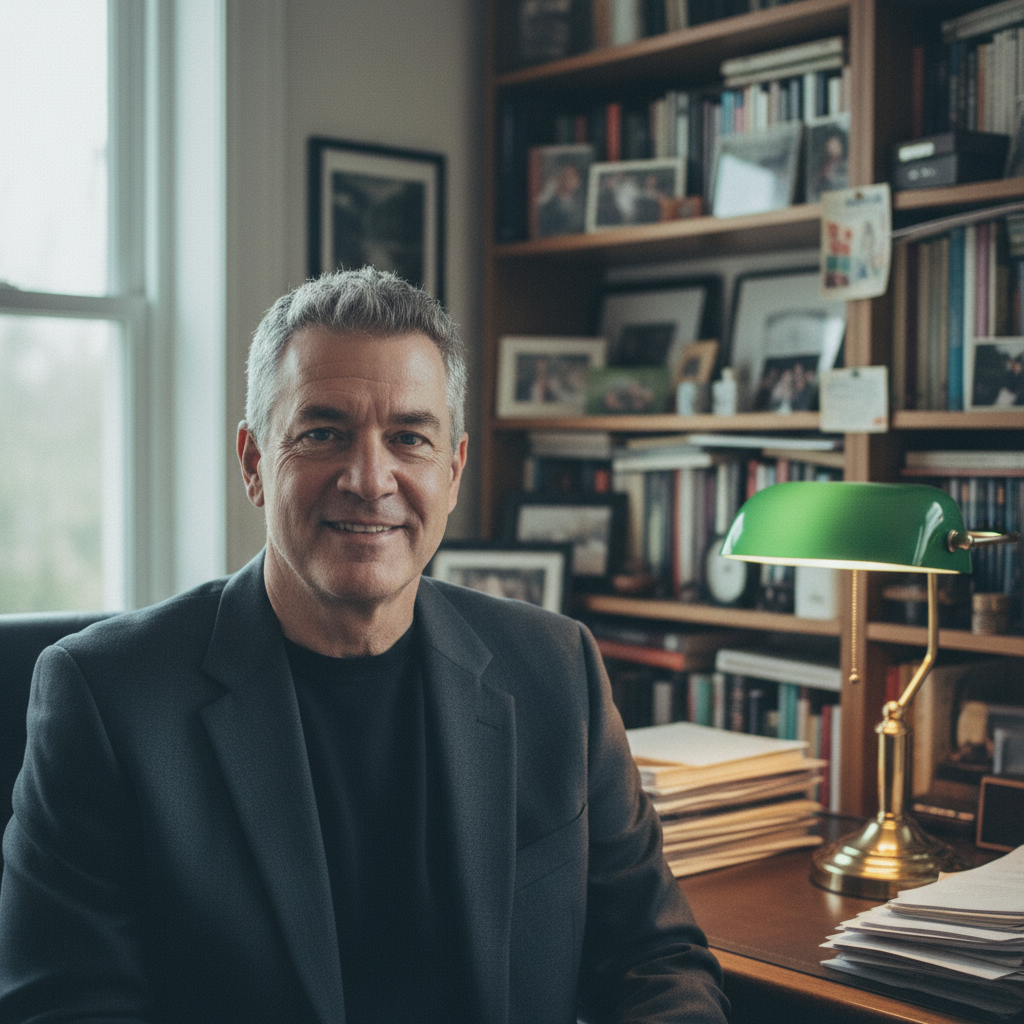 Author photo with cluttered home office background