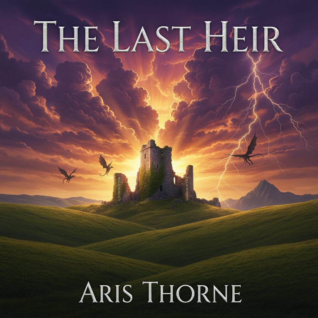 Epic fantasy landscape with dramatic purple and gold sky