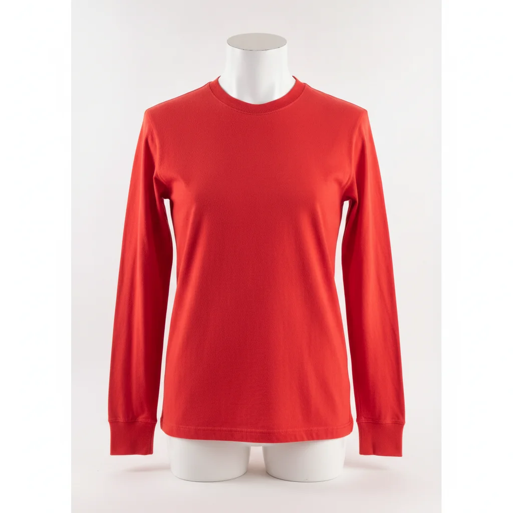 Red long-sleeve t-shirt on white mannequin bust, seamless white background