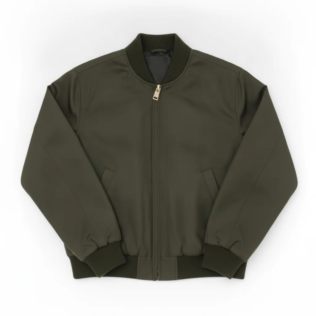 Same bomber in olive green with zipper, topstitching, and ribbing all preserved