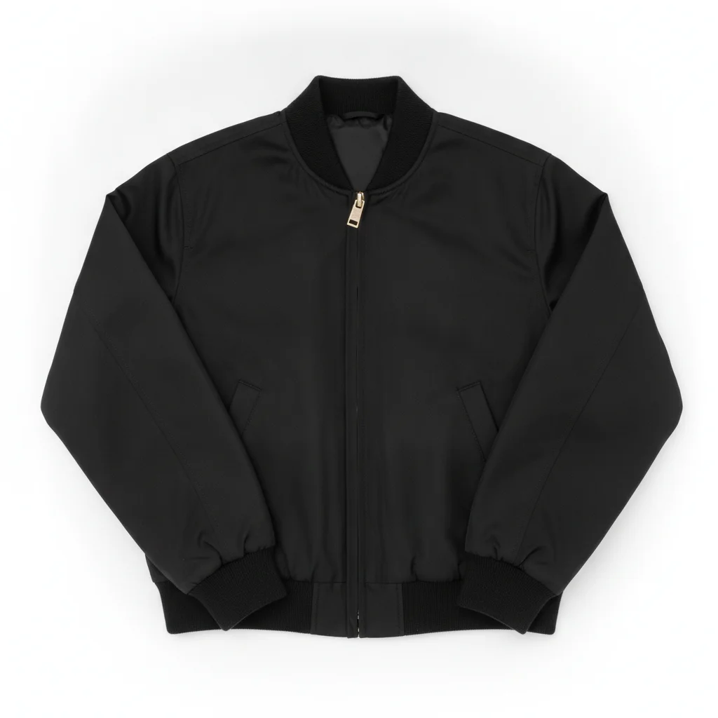 Black bomber jacket flat-lay with zipper and topstitching visible