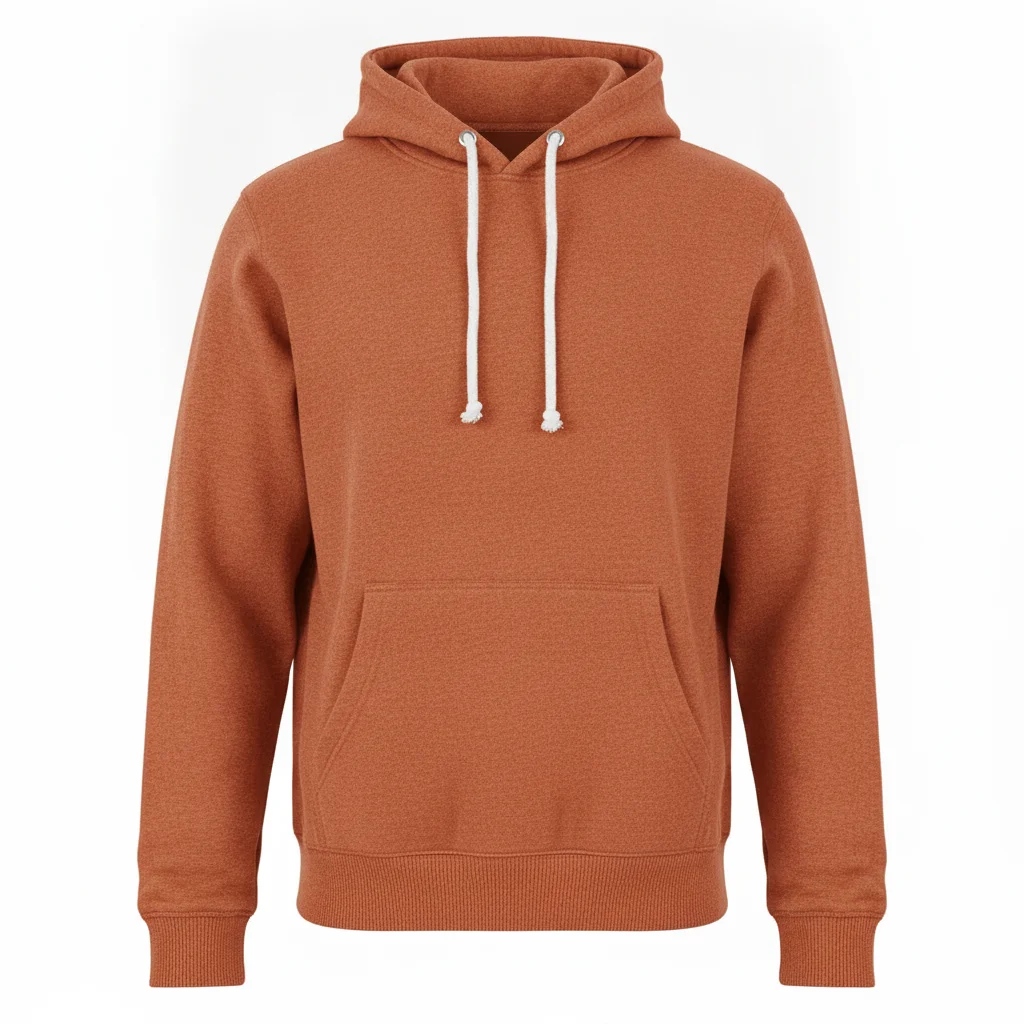 Same hoodie in rust orange with pocket, drawstrings, and ribbing preserved