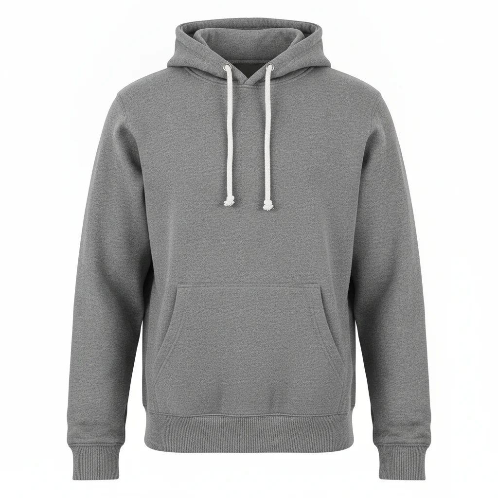 Grey pullover hoodie ghost mannequin shot with kangaroo pocket and drawstrings