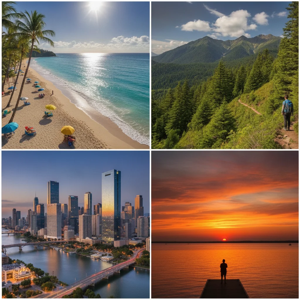 Same travel collage with CapCut watermark removed and beach panel fully reconstructed