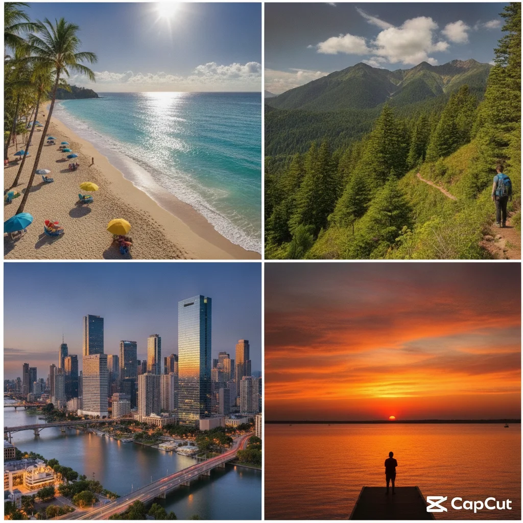 Four-panel CapCut travel collage with small logo watermark over the beach photo panel in bottom left corner